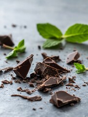 Poster - Close up view of broken dark chocolate pieces with fresh green mint leaves on a dark surface : Generative AI