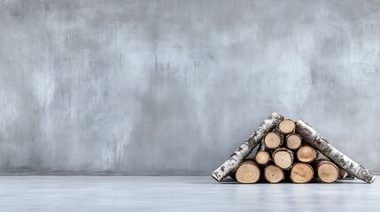 Aufkleber - Stacked Birch Logs Against an Elegant Grey Wall Highlighting Rustic Charm and Natural Textures in Interior Design : Generative AI