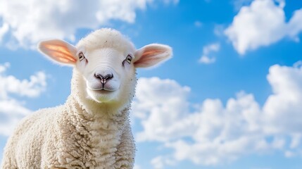 Poster - Cute fluffy lamb with bright eyes against a picturesque blue sky and fluffy clouds : Generative AI