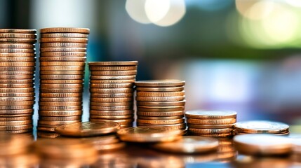 Aufkleber - Close up view of stacked coins representing wealth and savings with a blurred background : Generative AI