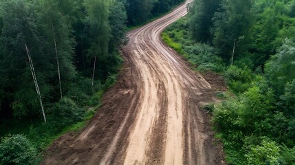 Aufkleber - Winding sandy road through lush green forest showcasing nature's beauty and peaceful surroundings : Generative AI