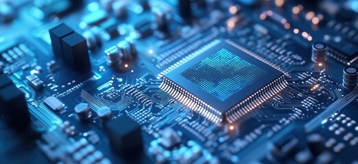 Poster - Close-up of a modern microprocessor on a circuit board with blue lighting effects