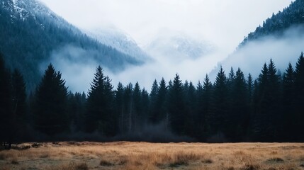 Poster - Serene winter landscape with foggy mountains and evergreen trees in a tranquil natural setting : Generative AI
