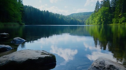 Poster - Calm lake surrounded by lush green forests reflecting the sky and trees in serene waters : Generative AI