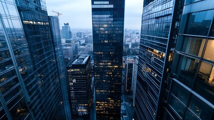 Poster - Aerial view showcasing modern skyscrapers and a bustling city skyline illuminated at dusk : Generative AI