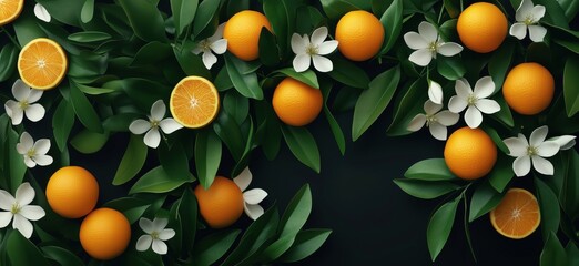 Poster - Fresh oranges and white flowers arranged on dark background with green leaves