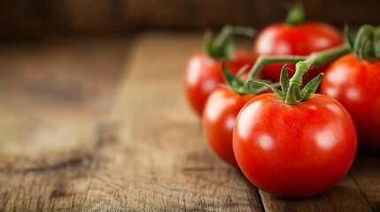 Poster - Freshly harvested ripe tomatoes displayed on rustic wooden table with natural light highlighting their freshness : Generative AI