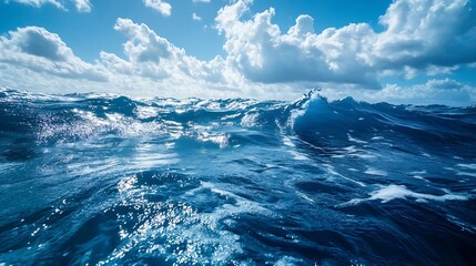Poster - Vast Ocean Waves Under Bright Blue Sky with Fluffy Clouds Creating Dramatic Scene : Generative AI
