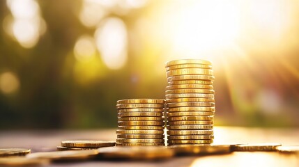 Fototapete - Stacks of coins shining in sunlight with a blurred background showing a wealth concept and financial growth : Generative AI