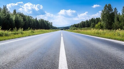 Poster - Beautiful open road stretching between lush green trees under a bright sky : Generative AI