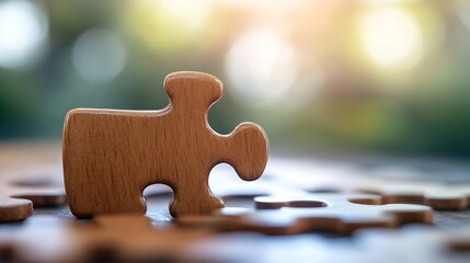 Poster - Closeup of a wooden puzzle piece among scattered pieces symbolizing completion and challenge : Generative AI