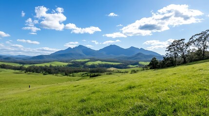 Aufkleber - Expansive green landscape with rolling hills and majestic mountains under a clear sky : Generative AI