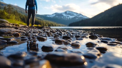 Poster - Scenic view of a hiker standing by a tranquil lake amid mountainous landscape : Generative AI
