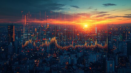 Poster - Cityscape Sunset with Data Visualization