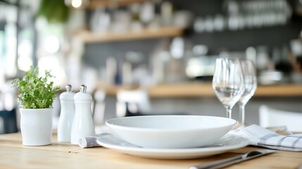 Leinwandbilder - Beautifully Set Table with Fresh Herb and Tableware in Modern Restaurant : Generative AI