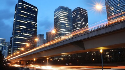 Poster - Dramatic city skyline at night with illuminated buildings and streaks of light from moving vehicles : Generative AI