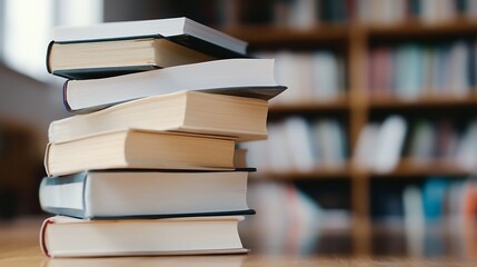 Poster - Stack of Colorful Books on Wooden Table in Cozy Library Environment : Generative AI