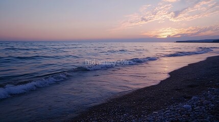 Aufkleber - Stunning sunset over a tranquil sea with gentle waves lapping at a pebbly beach : Generative AI