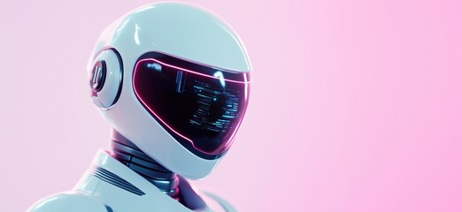 Poster - Futuristic humanoid robot with glowing visor and sleek design against pink background