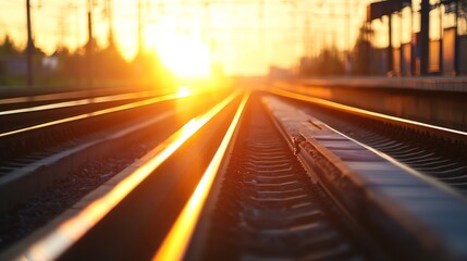 Aufkleber - Stunning sunset over railway tracks with golden light illuminating the metal rails and distant trees : Generative AI