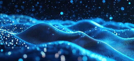 Poster - abstract blue waves with glowing particles creating a digital landscape