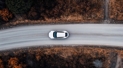 Aufkleber - Aerial view of a white car driving along a winding road surrounded by autumn foliage in rural landscape : Generative AI