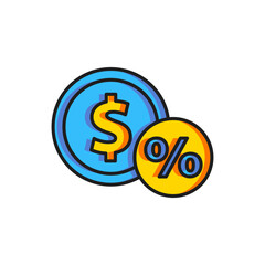 Poster - Color Money coin with percent icon isolated on white background. Cash Banking currency sign. Flat filled outline style with shadow. Vector