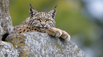 Poster - A majestic lynx resting on a rock with a calm expression against a blurred green background : Generative AI