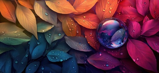 Poster - Colorful leaves with water droplets and a glass orb on vibrant background