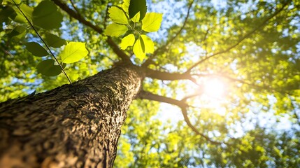 Aufkleber - Stunning upward view of tall tree with vibrant green leaves and warm sunlight shining through branches in a forest : Generative AI