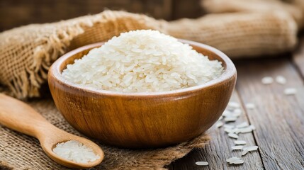 Poster - CloseUp View of White Rice Piled in a Wooden Bowl on Jute in a Rustic Setting : Generative AI