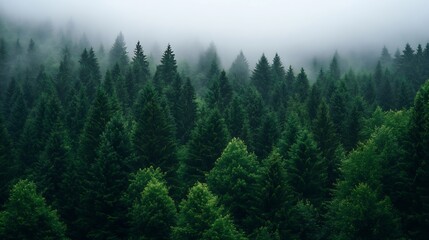 Poster - Lush Green Forest Surrounded by Mist Creating a Serene Natural Landscape : Generative AI