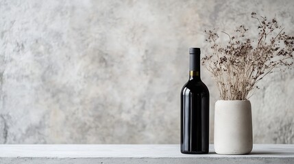 Poster - Elegant dark wine bottle with dried flowers in a minimalist vase against a rustic textured background : Generative AI