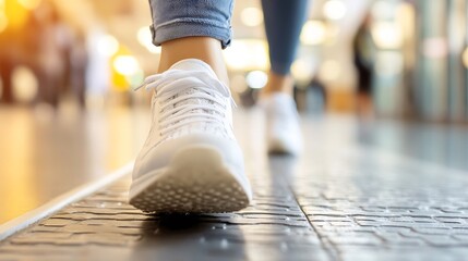 Fototapete - Person walking in stylish white sneakers on textured pavement in a bright and bustling environment : Generative AI