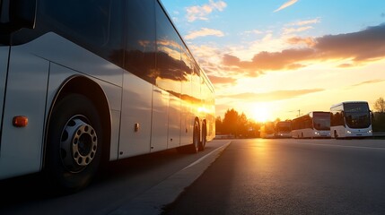 Poster - Fleet of white buses parked under a stunning sunset reflecting a bright orange glow : Generative AI