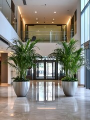 Poster - Modern interior design showcasing a sleek lobby with elegant plants and glass doors for a welcoming atmosphere : Generative AI