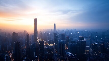 Poster - Stunning Cityscape at Dusk with Skyscrapers Illuminated Under a Beautiful Sunset and Cloudy Sky : Generative AI
