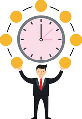Poster - Businessman in a suit skillfully juggling golden balls around a clock in a flat vector illustration showcasing time management and multitasking in a professional setting