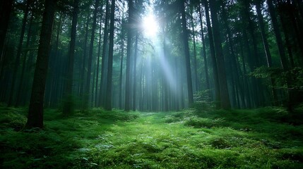 Aufkleber - Enchanting view of sunlight streaming through tall trees in a serene lush green forest setting : Generative AI