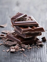 Poster - A Stack of Dark Chocolate Bars on a Dark Wooden Surface Perfect for Dessert Lovers and Confectionery : Generative AI