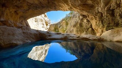 Poster - Beautiful cave entrance with crystal clear water reflecting blue skies in natural surroundings : Generative AI