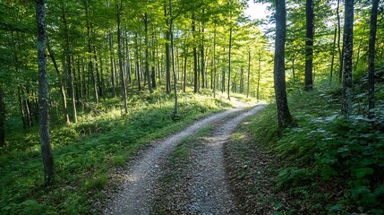 Poster - Serene winding path through a lush green forest inviting exploration and adventure : Generative AI