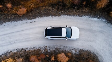 Aufkleber - Aerial View of a Modern White Car Driving Down a Winding Dirt Road Surrounded by Autumn Foliage : Generative AI