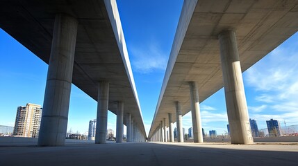 Poster - Modern architectural perspective of a concrete highway structure with urban skyline backdrop : Generative AI