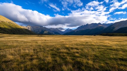 Poster - Expansive grassy field framed by majestic mountains under a bright blue sky with clouds : Generative AI