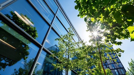 Poster - Modern glass building reflecting nature with sunlight and trees on a clear sunny day : Generative AI