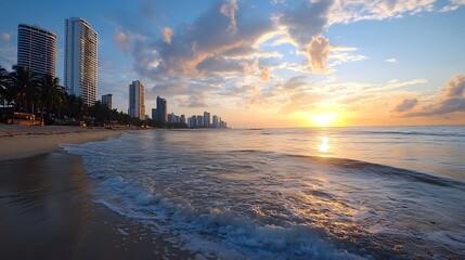 Wall Mural - Stunning Coastal View at Sunset with Gentle Waves and Skyscrapers in the Background : Generative AI