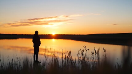Poster - Silhouette of a person standing by a lake during sunset with beautiful colorful sky and serene reflections : Generative AI