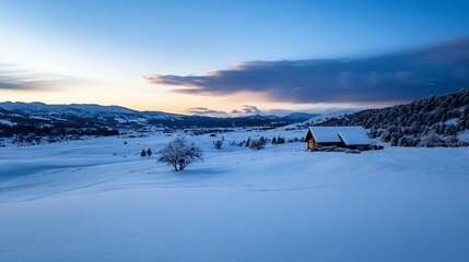 Poster - Charming snowcovered landscape with a rustic cabin and dramatic sky at dusk : Generative AI