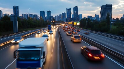 Aufkleber - busy urban highway at dusk with colorful traffic and city skyline : generative ai